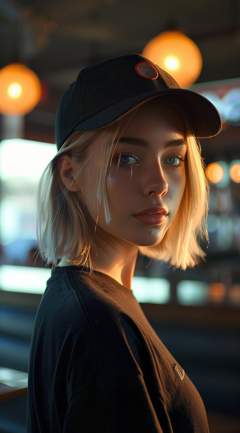 Close-up of a woman with a sleek bob haircut, one side tucked behind the ear, wearing a black baseball cap.