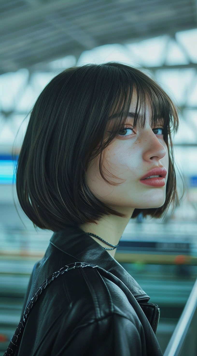 In the image, a person with a sleek bob haircut and wispy bangs stands in an airport.