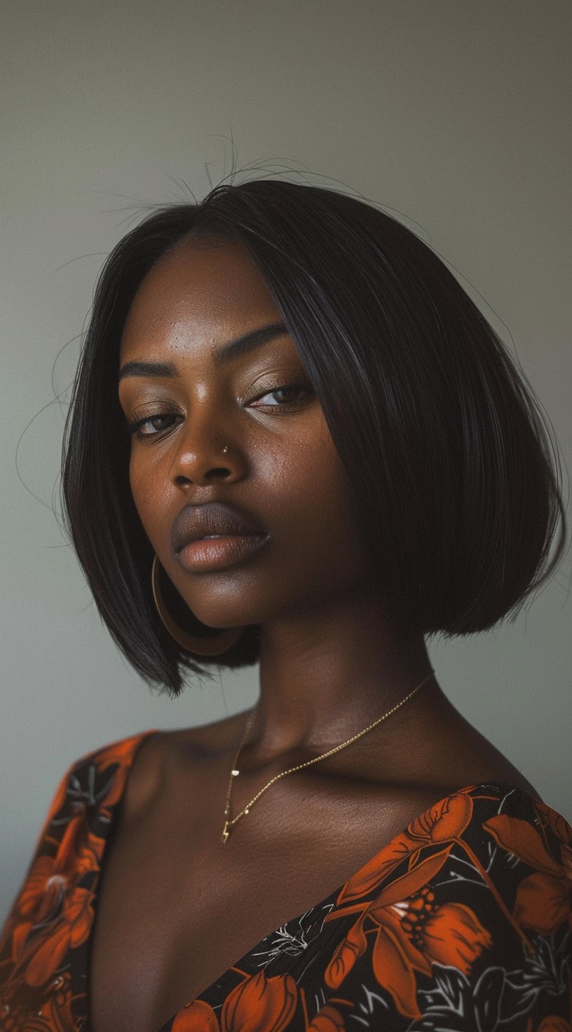 A woman with a sleek bob, wearing a vibrant floral outfit and exuding confidence.