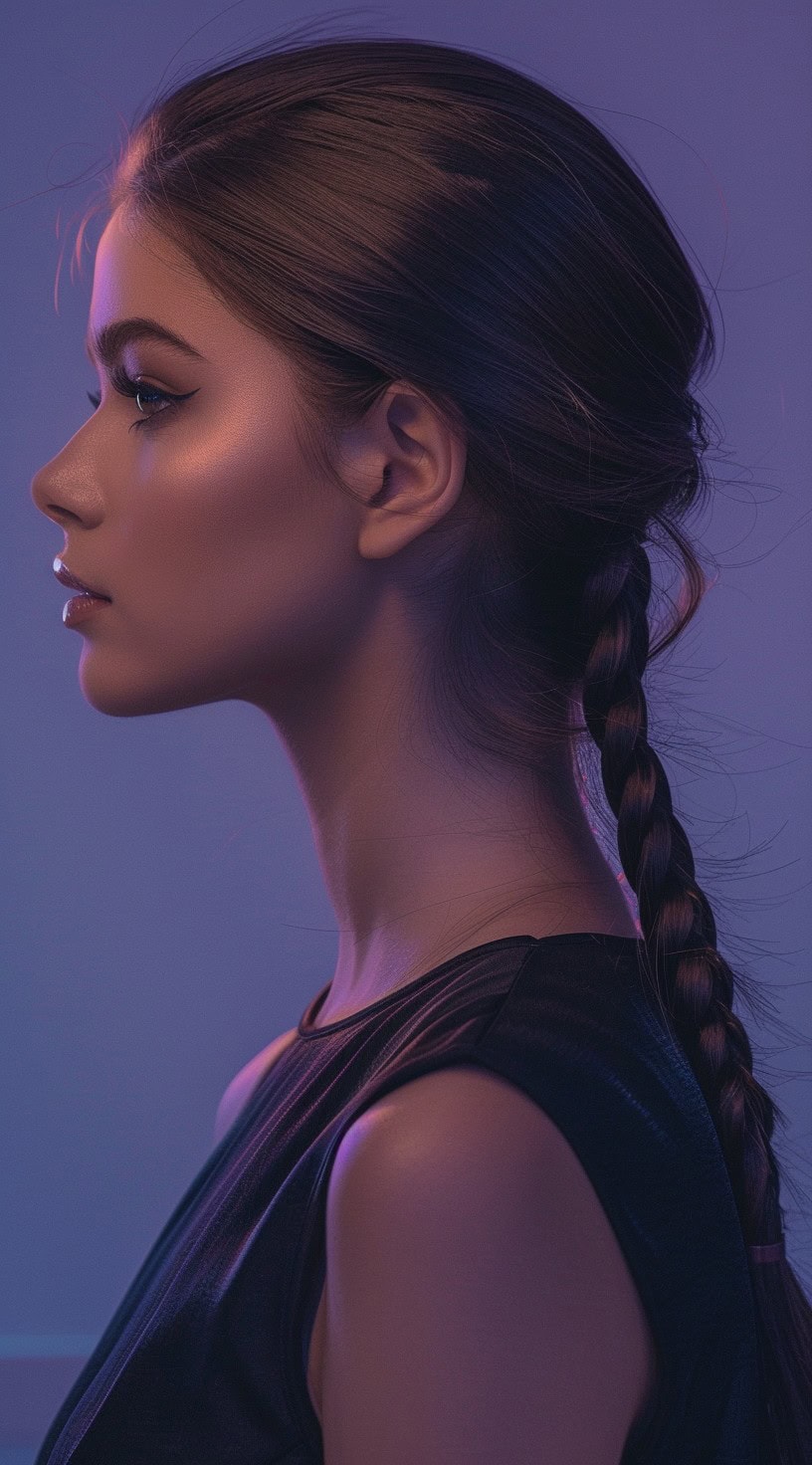 In the photo, a woman with long hair styled into a sleek, low ponytail braid is seen in profile view.