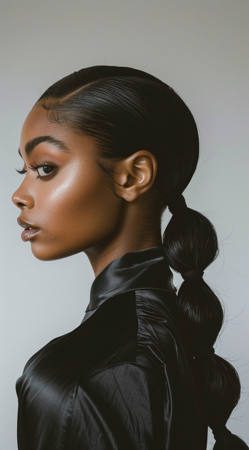 A woman with a sleek ponytail styled into bubble sections, wearing a black shirt.