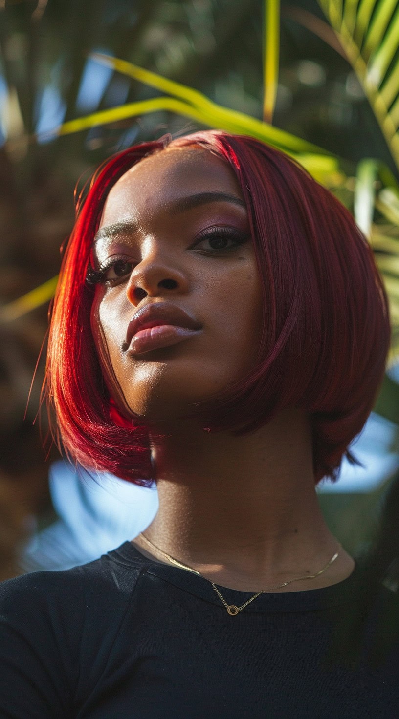 In the photo, a woman with a sleek, chin-length red bob is shown.