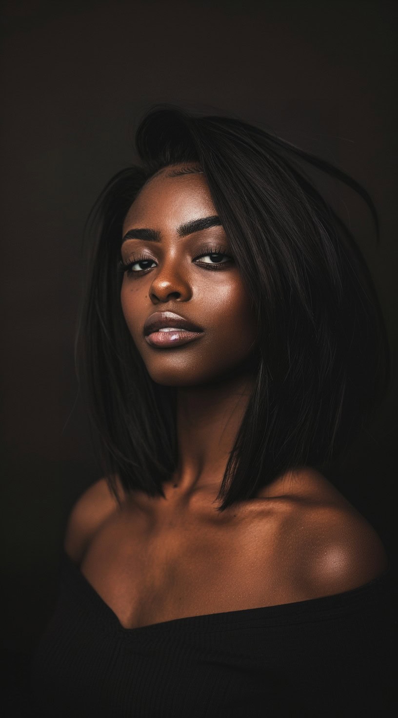 Portrait of a woman with a sleek, classic long bob and full side-bangs against a dark background.