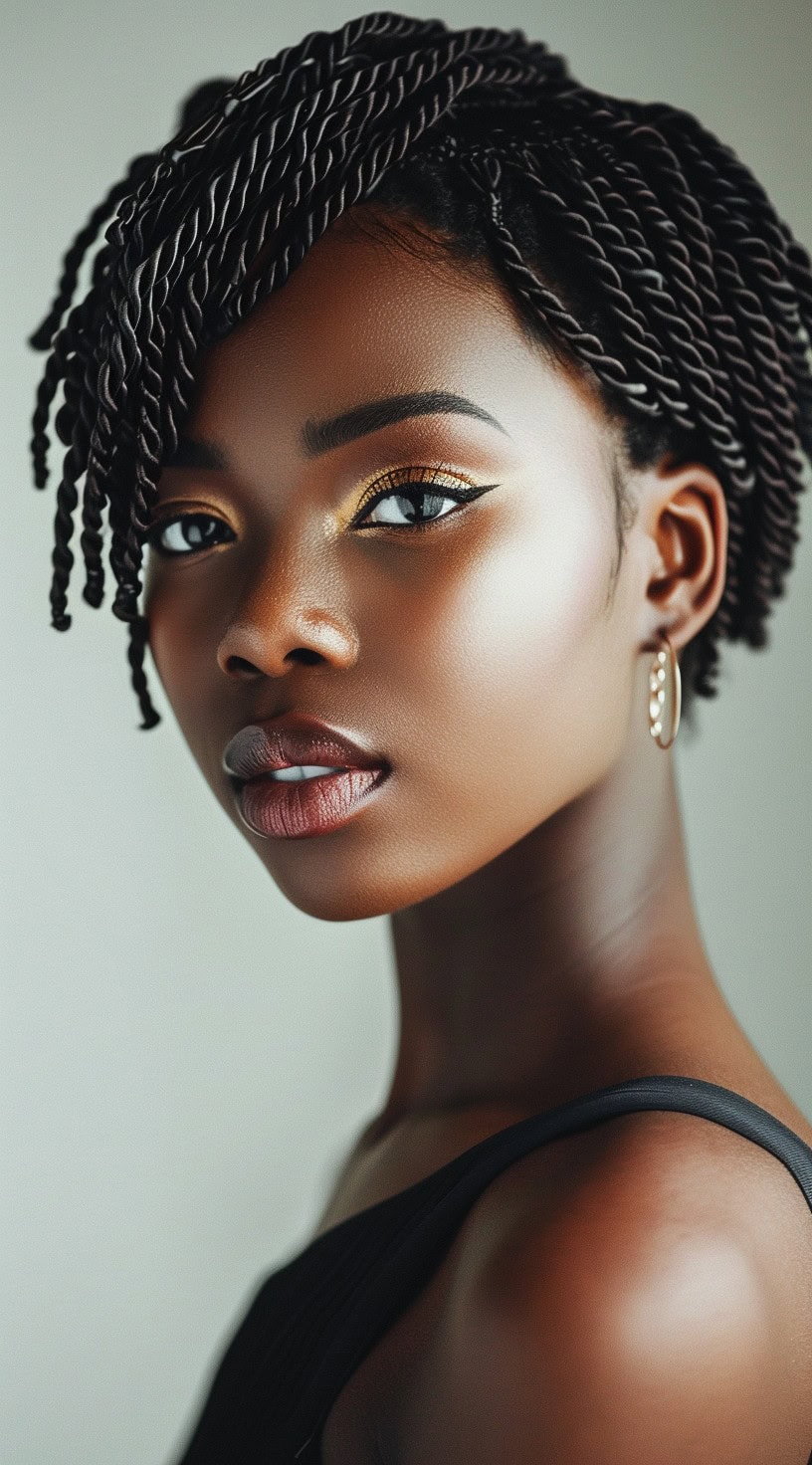 Close-up of a woman with sleek crochet twists styled with a side part and subtle makeup.