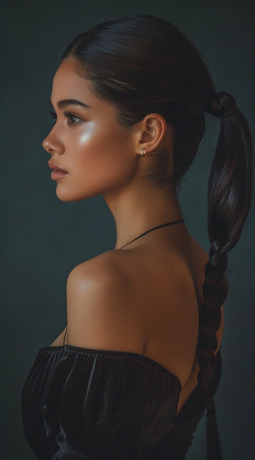 In this photo, a woman with a sleek half-braided ponytail and glowing skin is looking to the side.