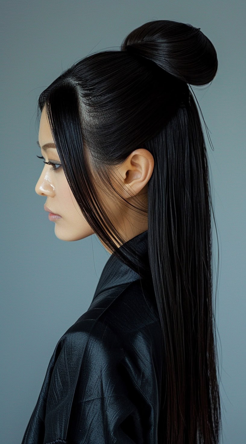 In the photo, a woman with a sleek half-up bun and wide tendrils framing her face is shown in profile view.