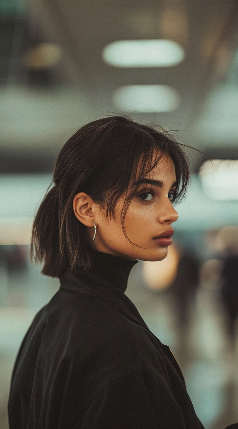 A woman with a sleek half-up, half-down bob hairstyle, featuring a low ponytail.