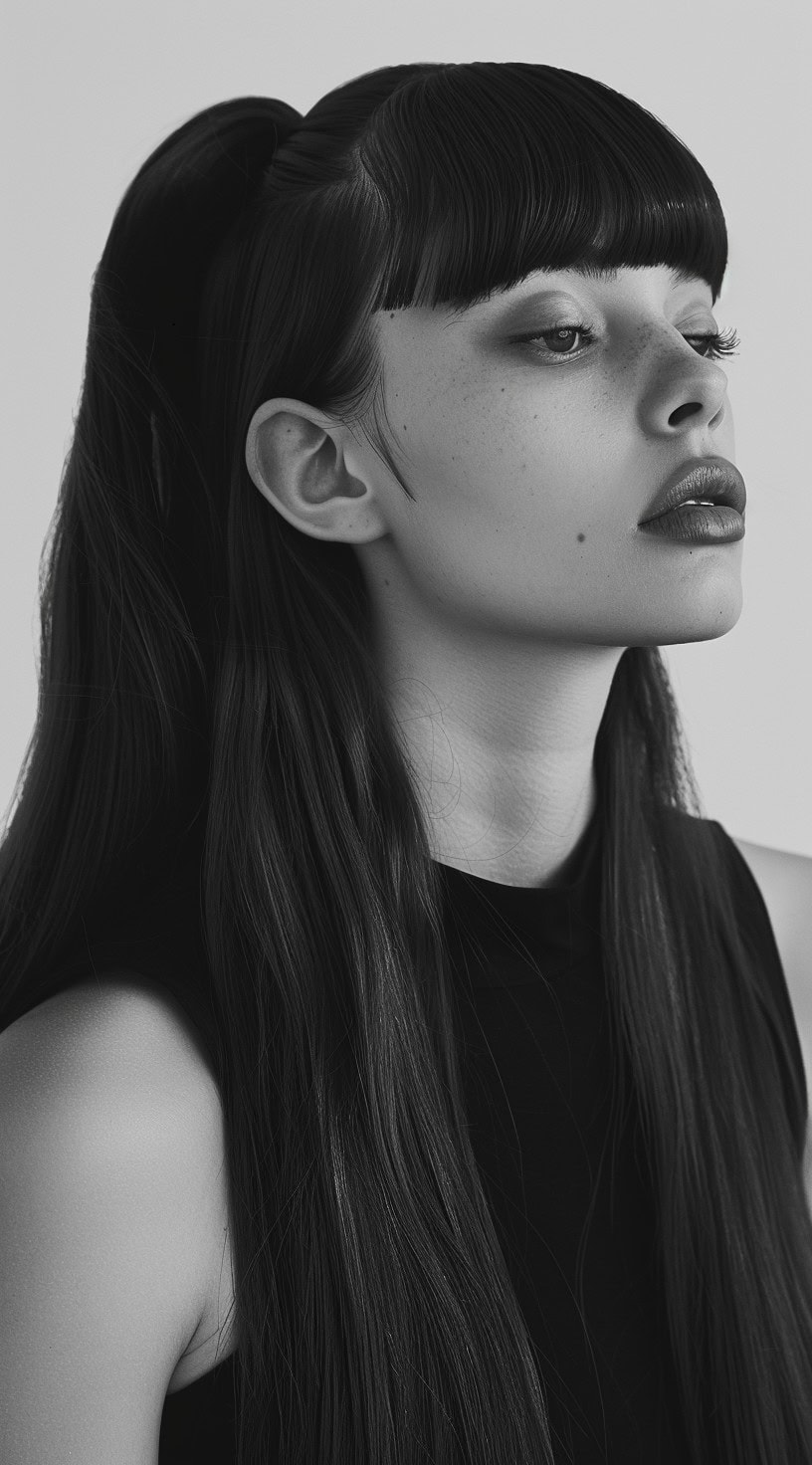 A woman with a half-up half-down sleek ponytail and blunt bangs, wearing a black top.