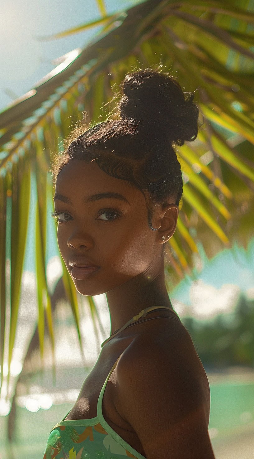 A woman with a sleek high bun and neatly styled baby hairs under the shade of palm trees.