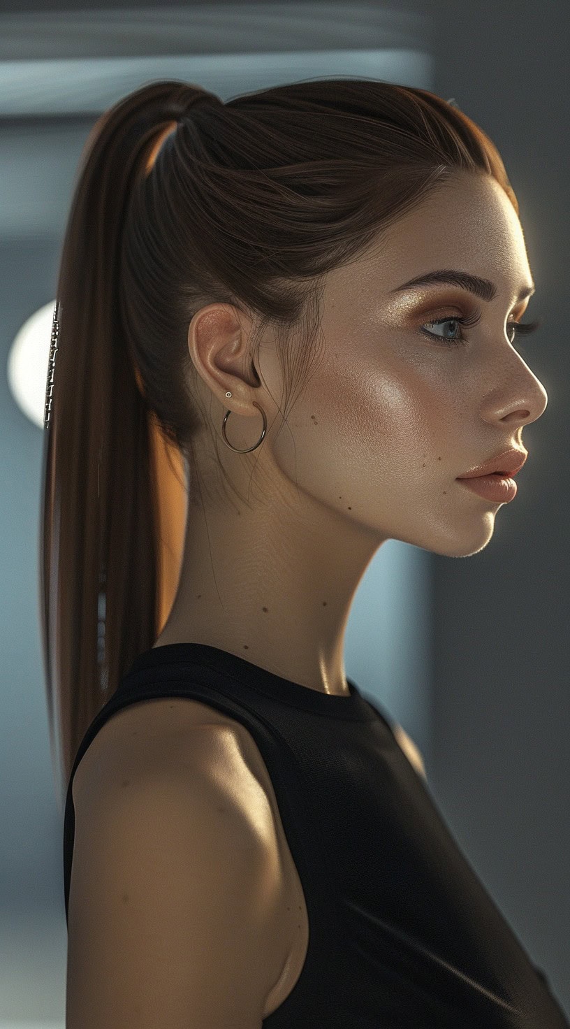 In this photo, a woman with a sleek high ponytail and hoop earrings is shown in profile.