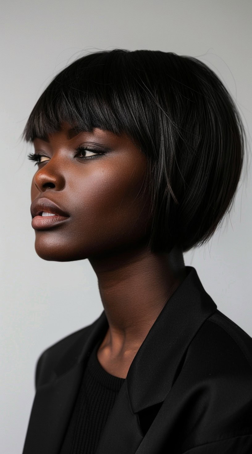 Profile view of a woman with a sleek layered bob and textured bangs.