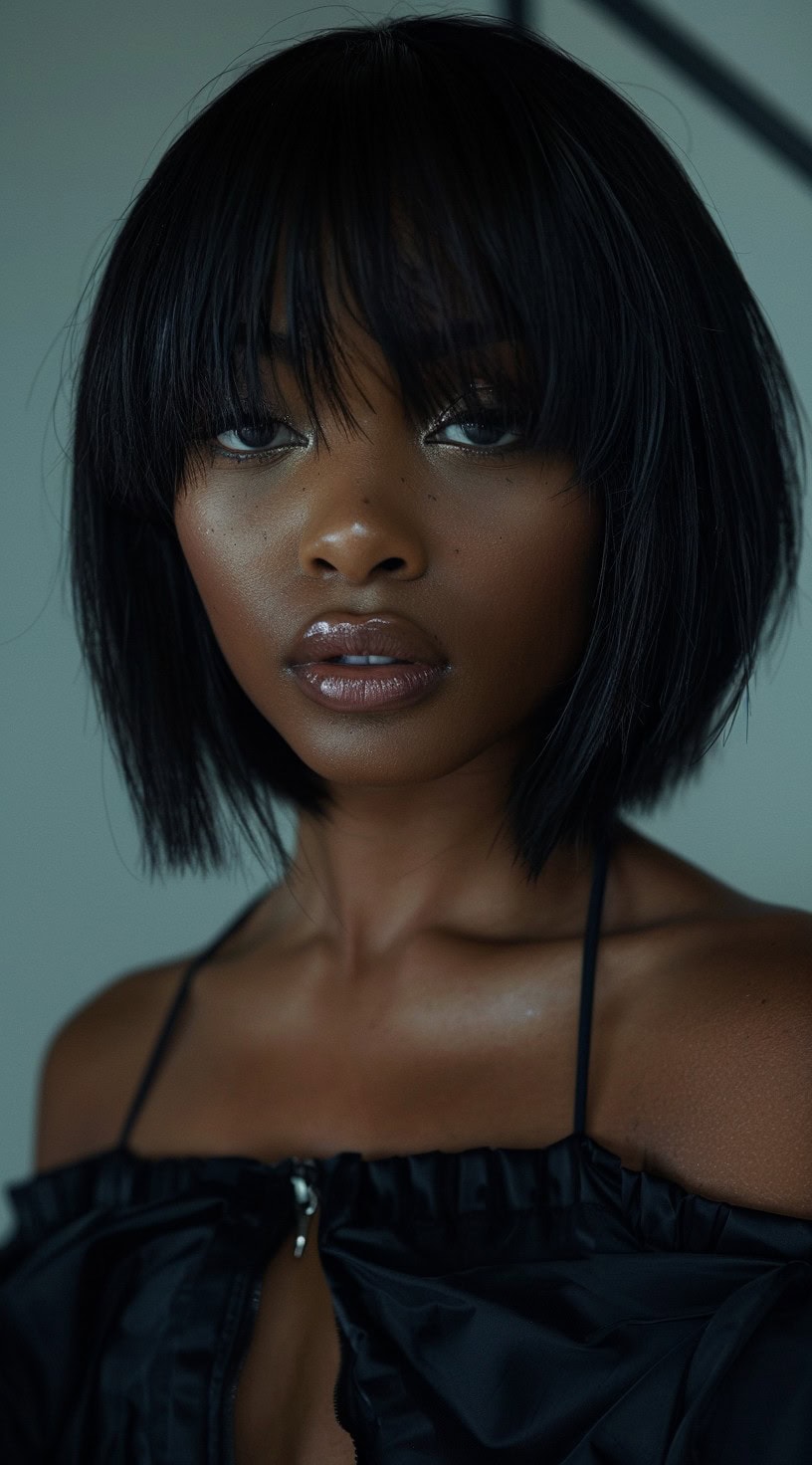 This image features a woman with a sleek layered bob and wispy bangs.