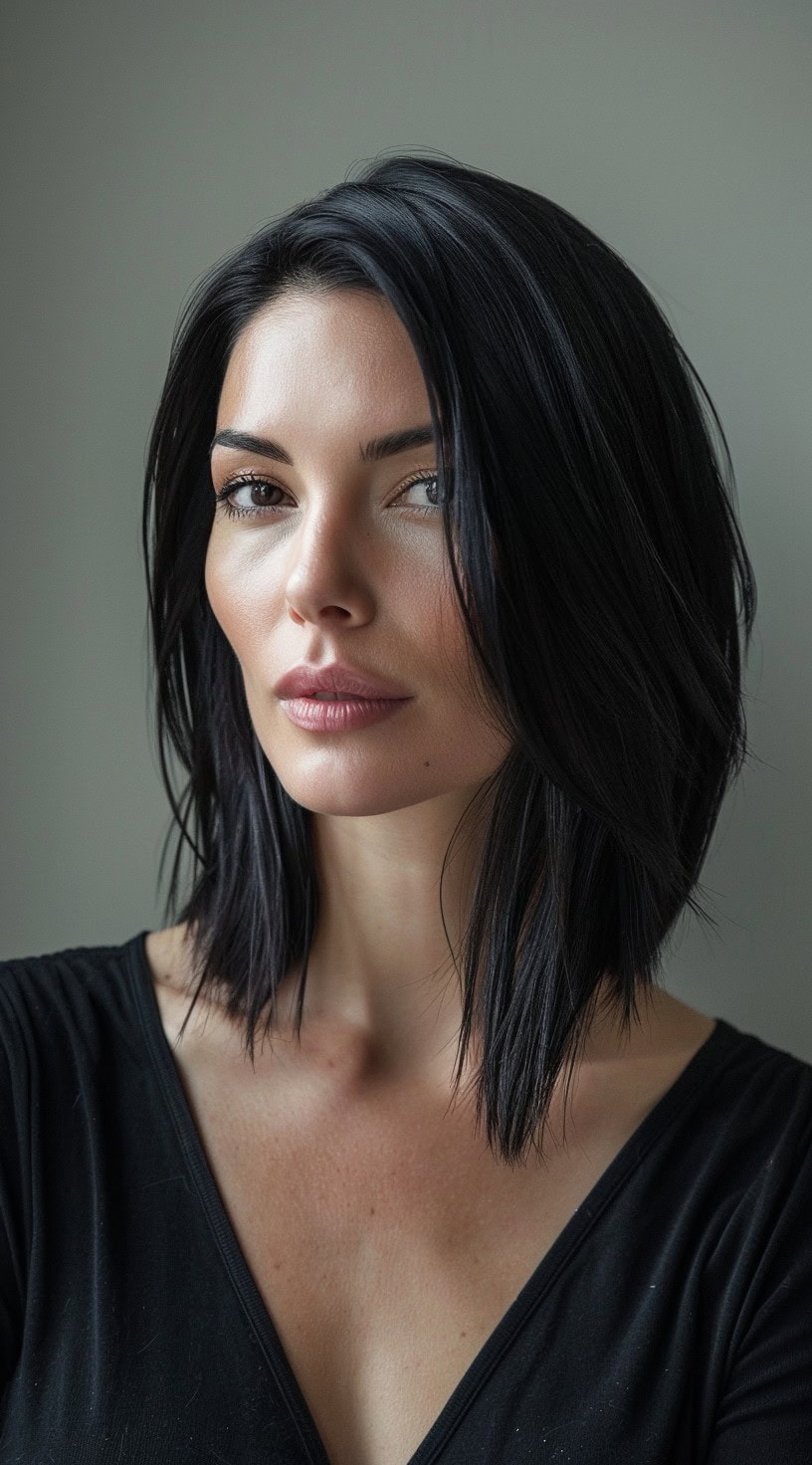 Sleek lob (long bob) with a side part on a woman with straight, dark hair, creating a smooth and polished look.