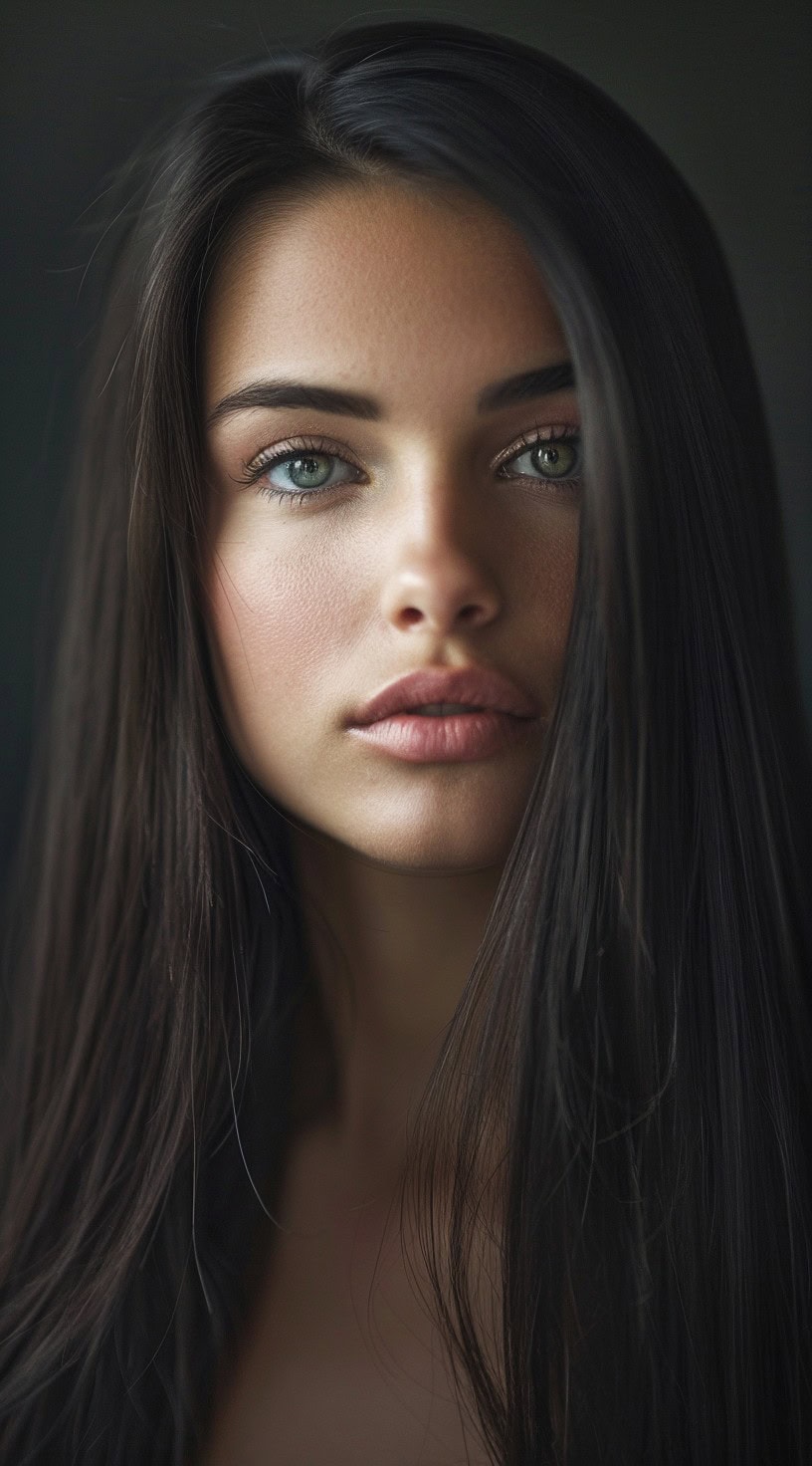 In this photo, a woman with long, sleek hair parted to the side and minimal makeup looks directly at the camera.