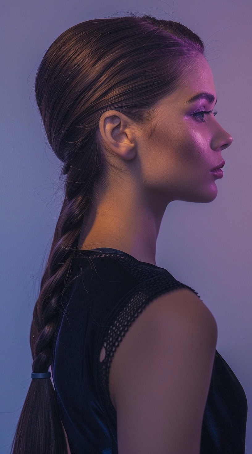 In this photo, a woman with a sleek low ponytail and dramatic lighting looks profile.