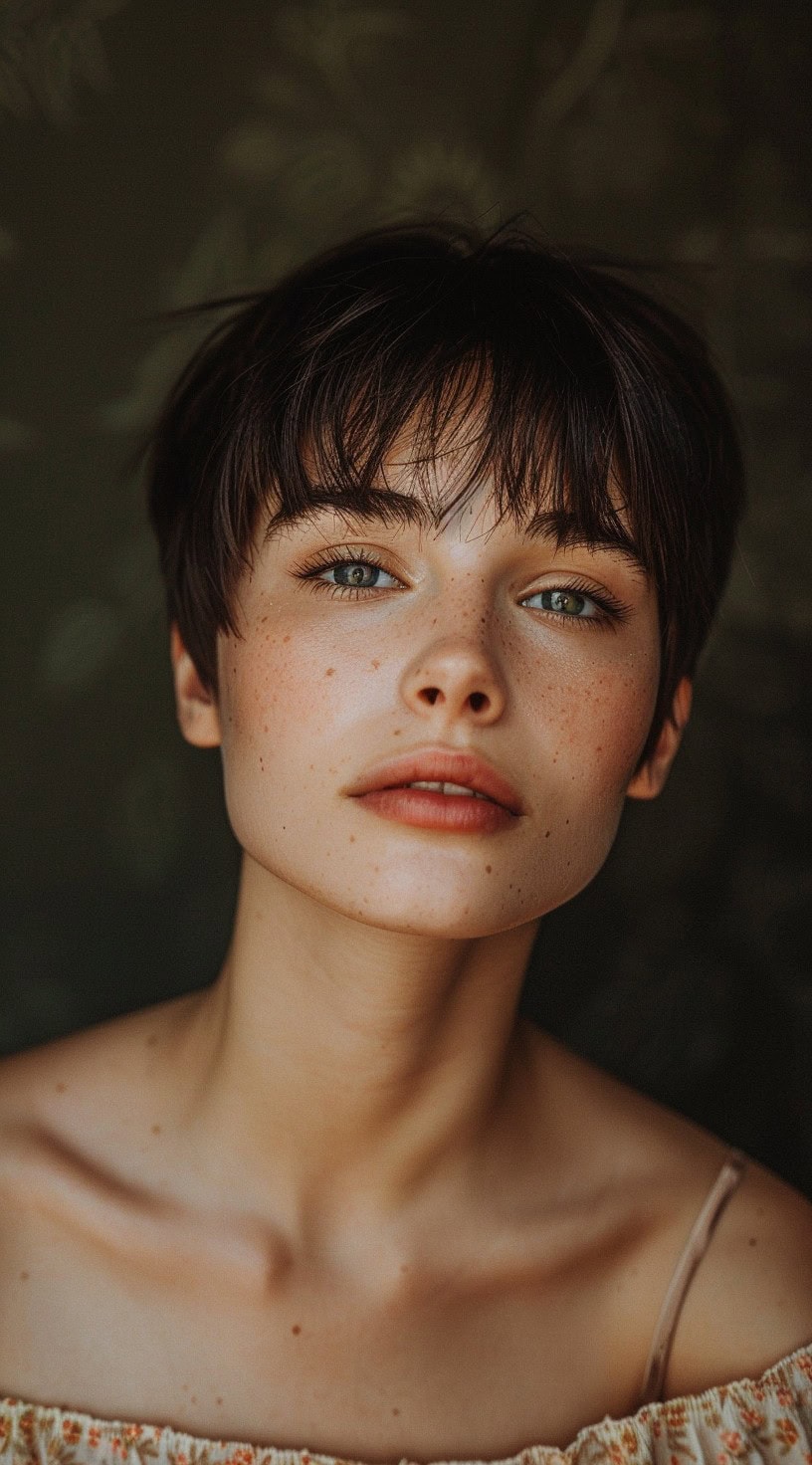 Young woman with a sleek pixie cut and wispy bangs, gazing confidently.