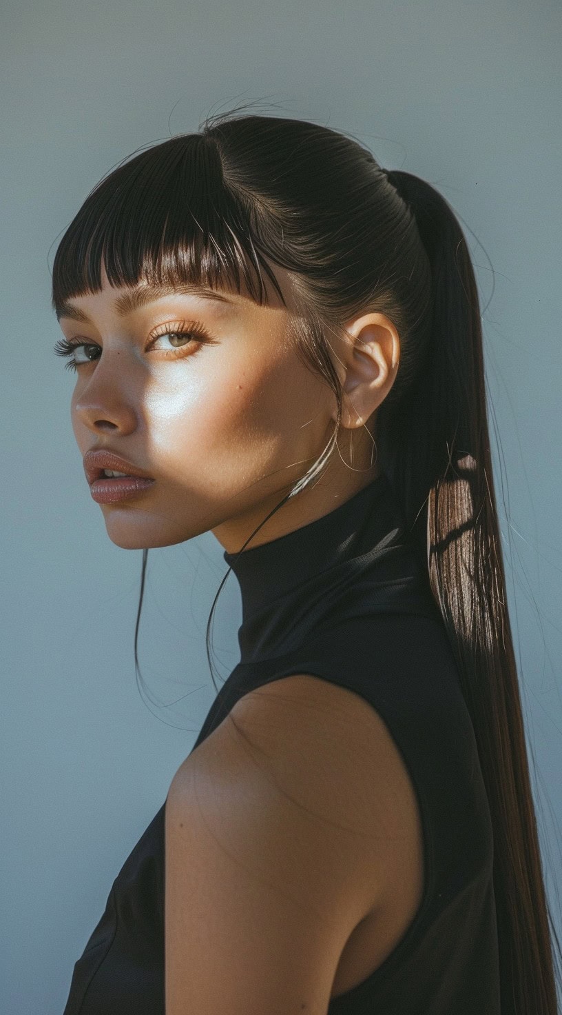 A woman with a sleek ponytail and short blunt bangs, wearing a black top.