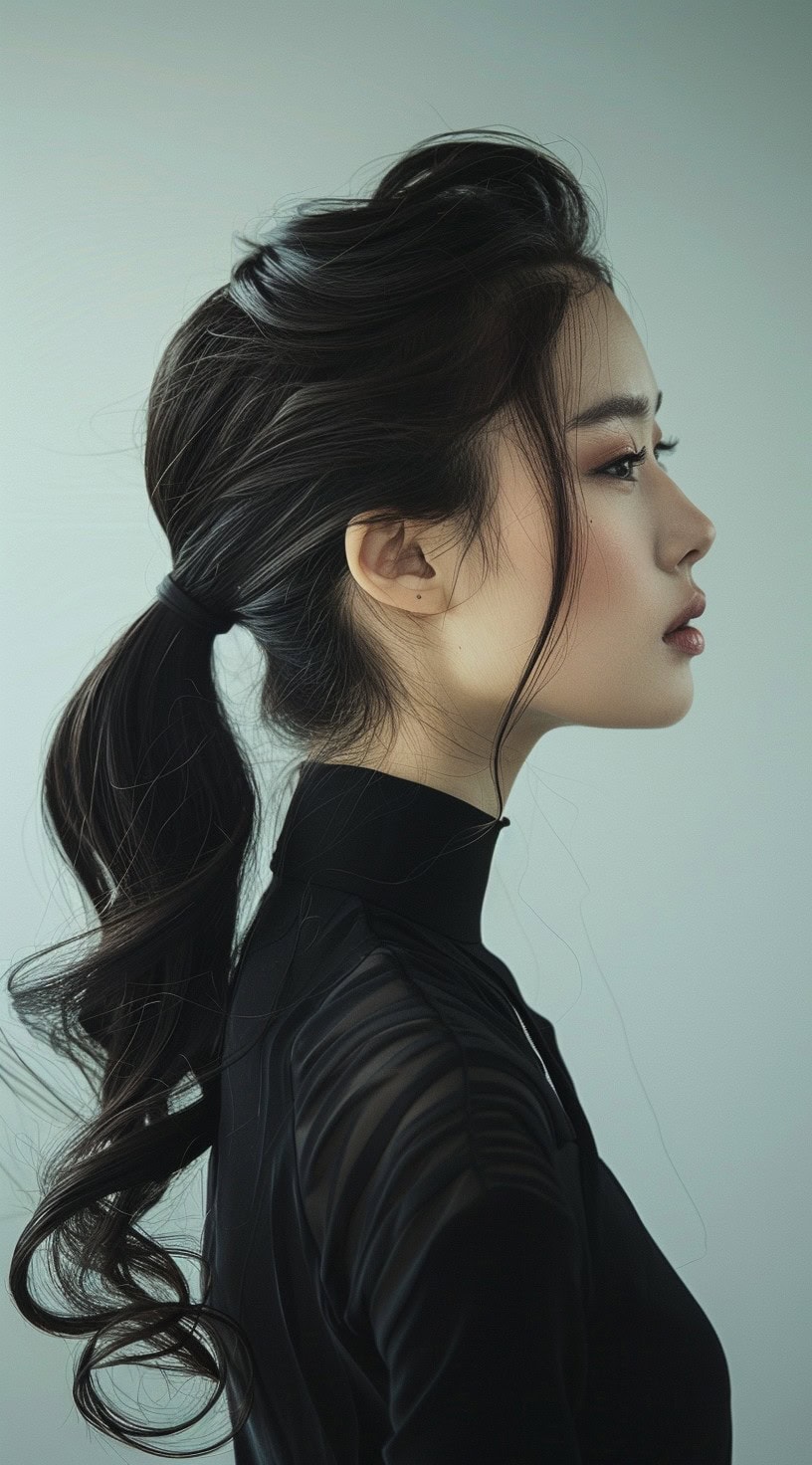 A woman with a sleek ponytail that transitions into textured waves, wearing a black top.