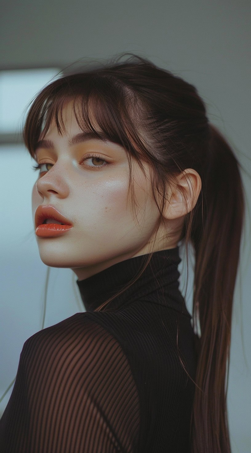 Close-up of a woman with a sleek ponytail and wispy bottleneck bangs, offering a modern and polished appearance.