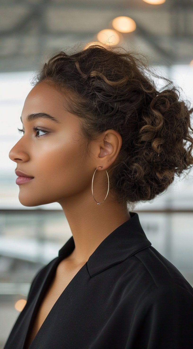 This photo shows a woman with curly hair styled into a sleek, professional updo.