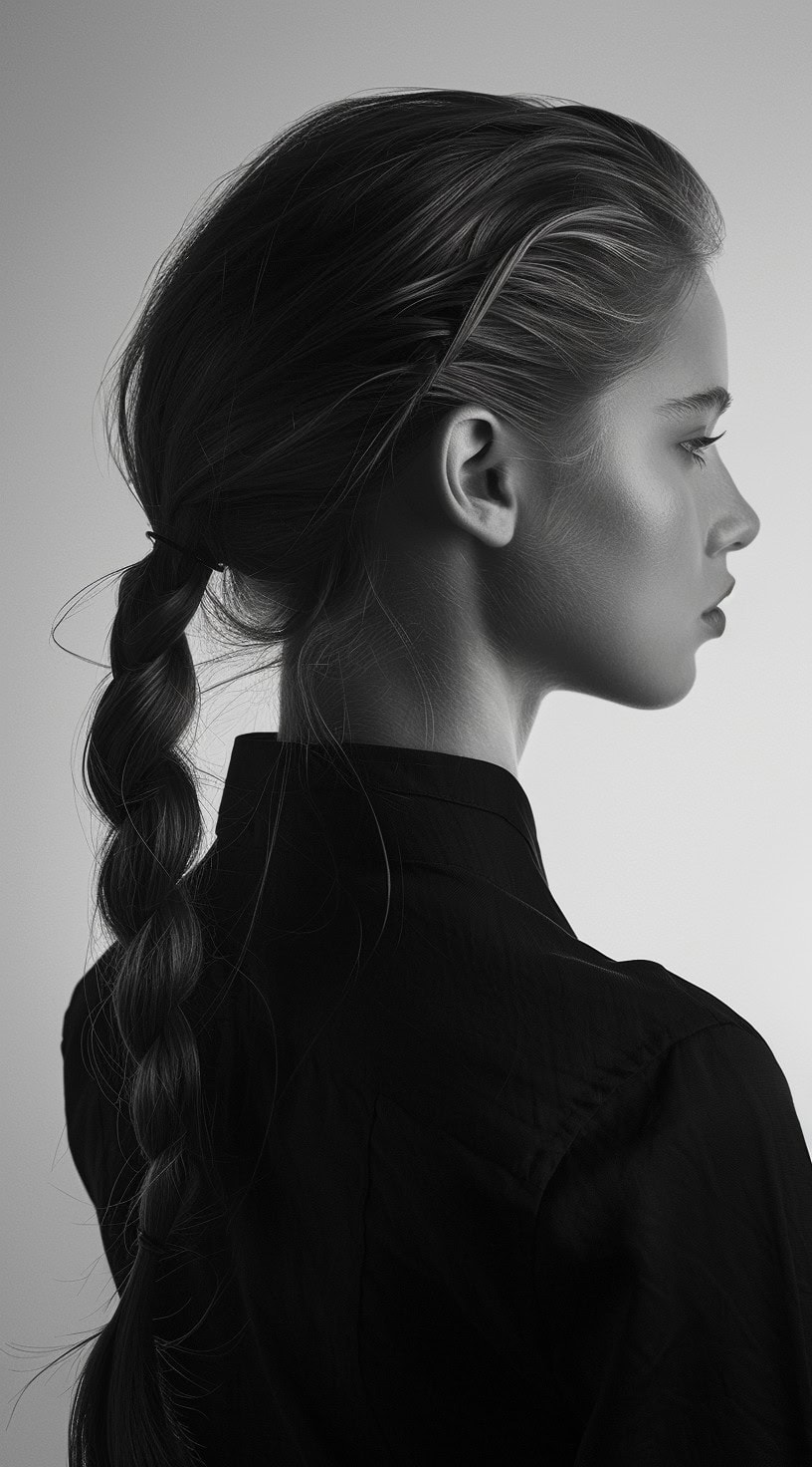 A woman with a sleek ponytail styled into a rope braid, wearing a black top.