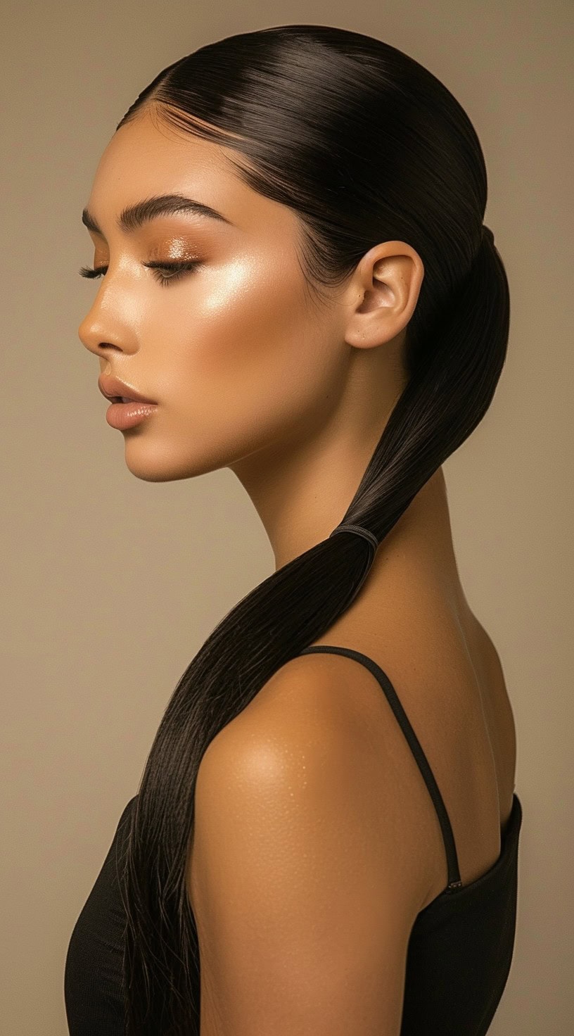 A woman with a sleek ponytail divided into multiple sections, wearing a black top.