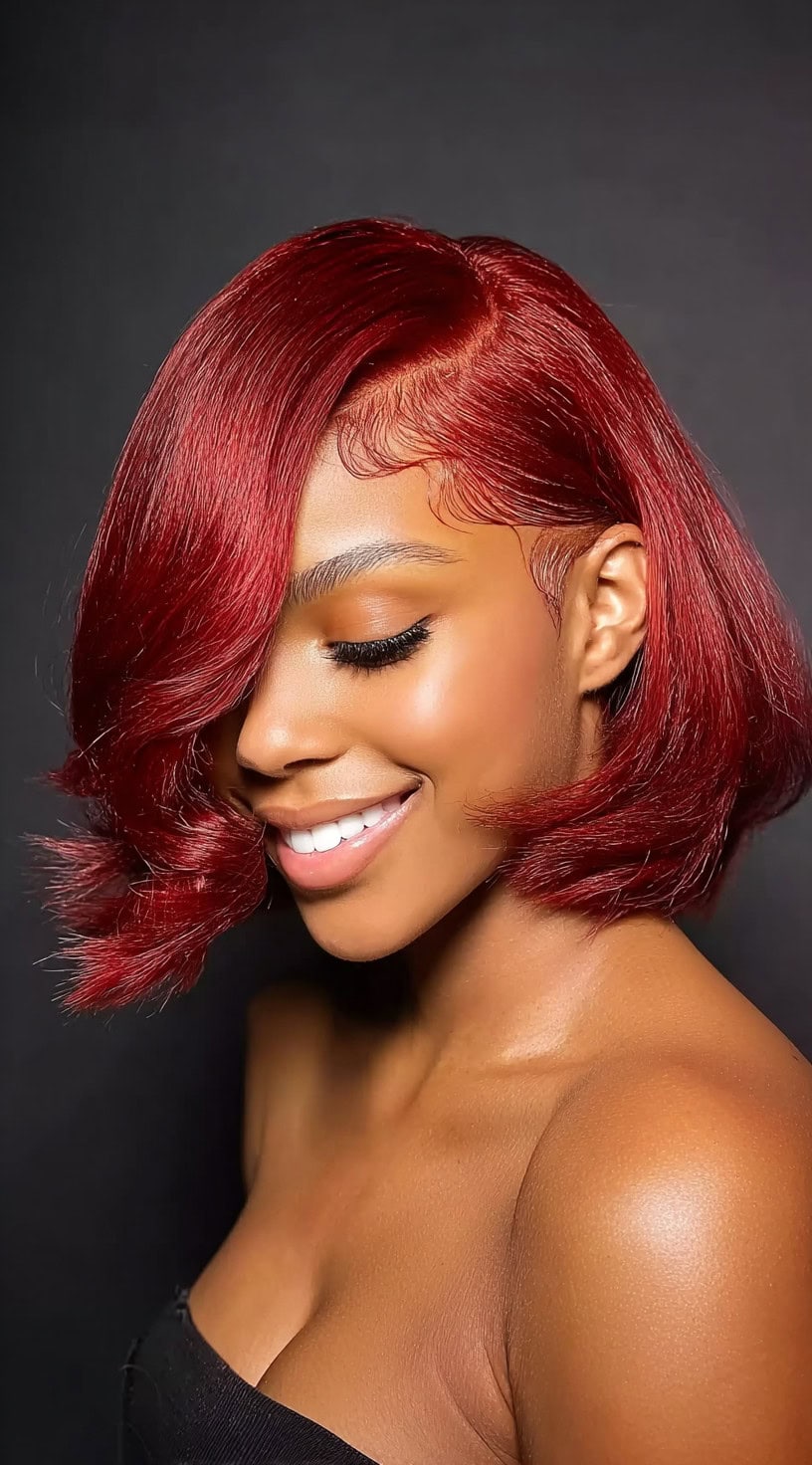A sleek cherry red bob with a deep side part, smooth finish, and softly curved ends framing the face.