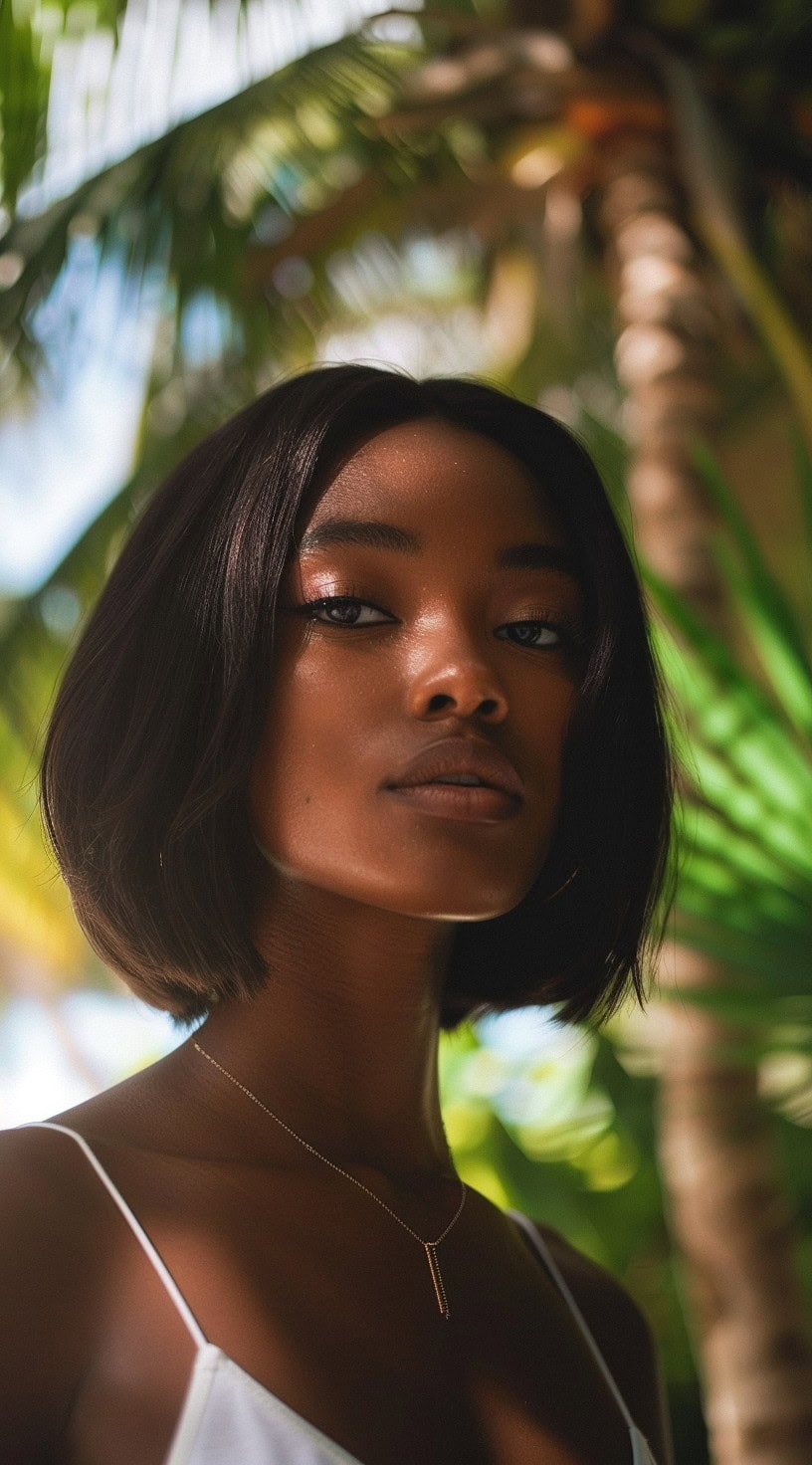 A woman with a sleek, straight bob, posing gracefully with a backdrop of palm leaves.