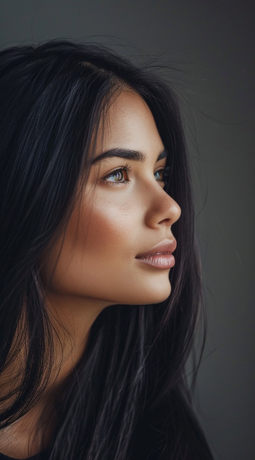 In this photo, a woman with long, sleek straight hair and glowing skin looks to the side.