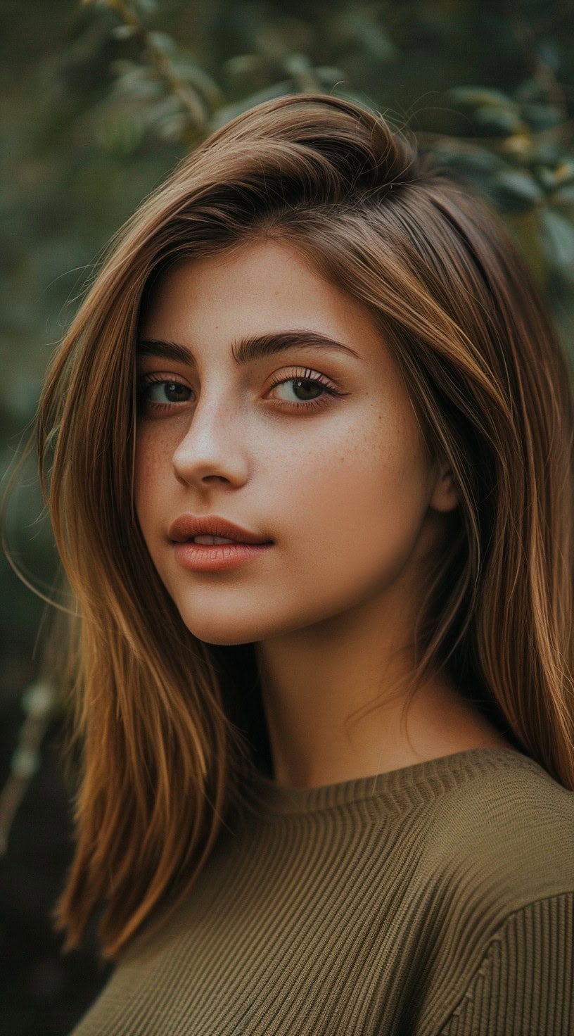 Young woman with a classic straight lob, standing in a natural setting.