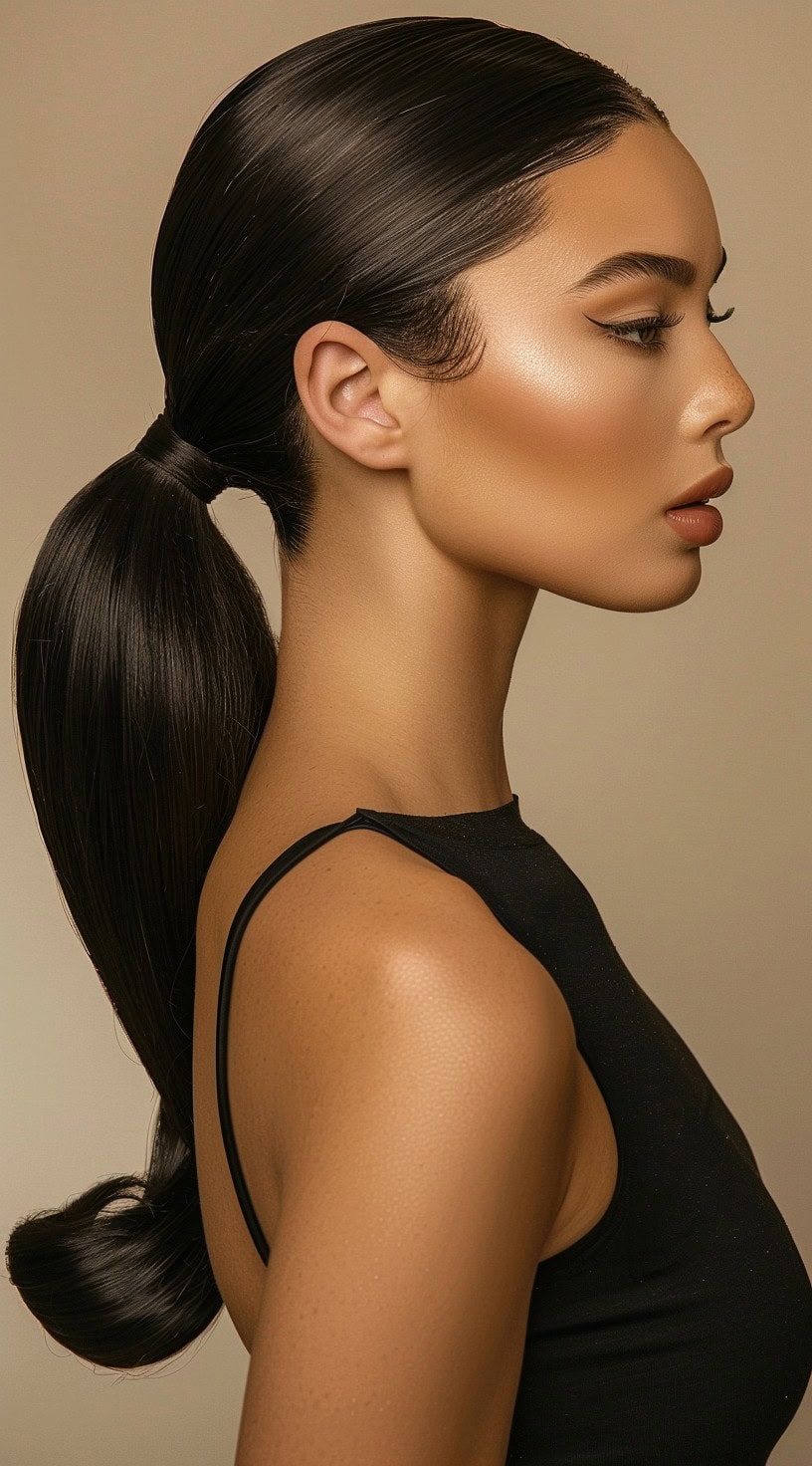 A woman with a sleek ponytail that curves at the end, wearing a black top.