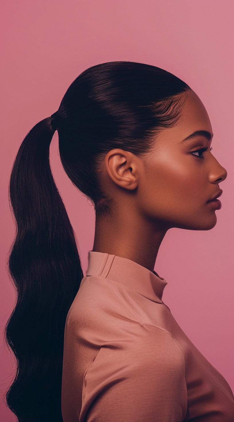 A woman with a sleek ponytail that transitions into waves, wearing a pink top.