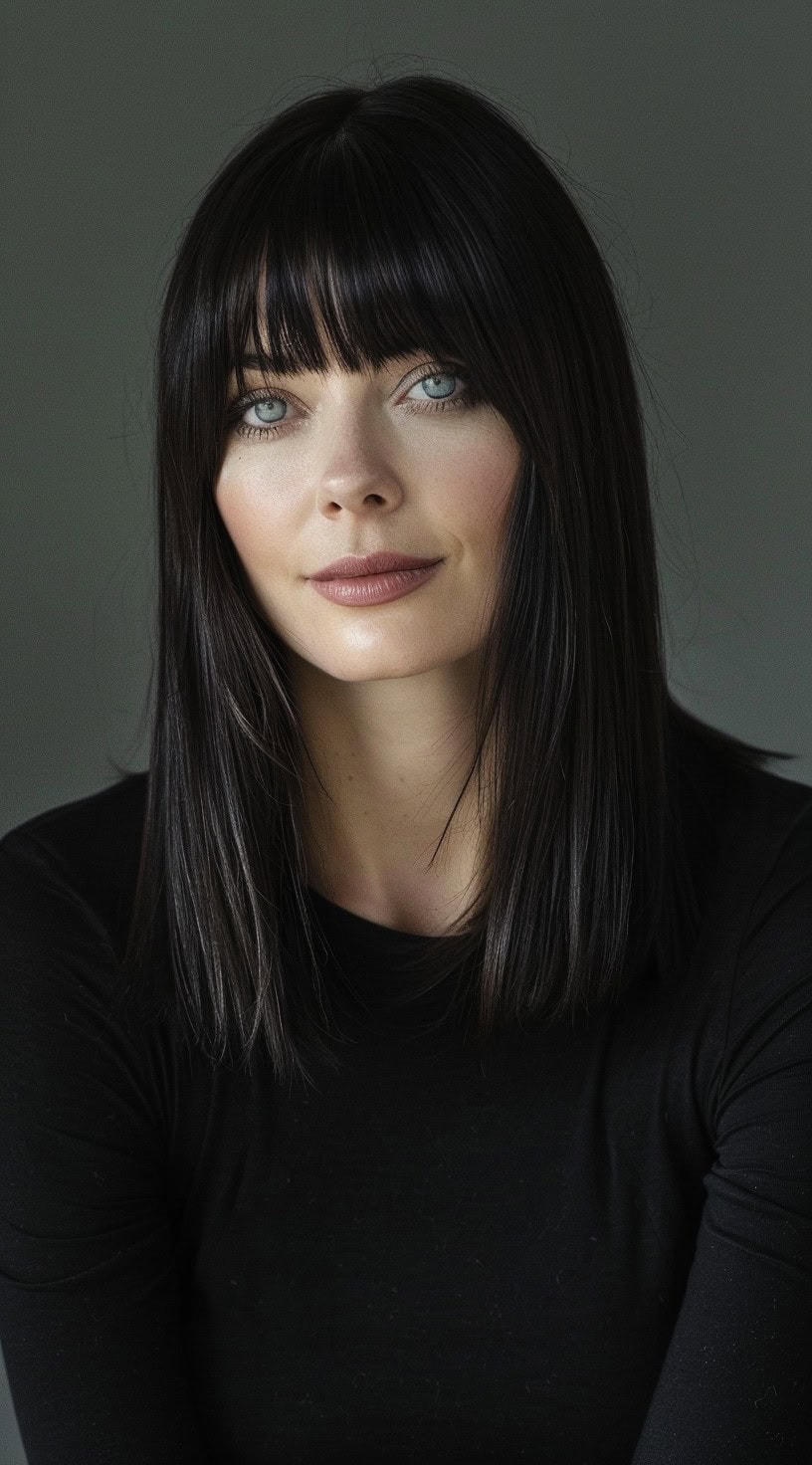 Sleek mid-length hairstyle with blunt bangs on a woman with straight, dark hair.