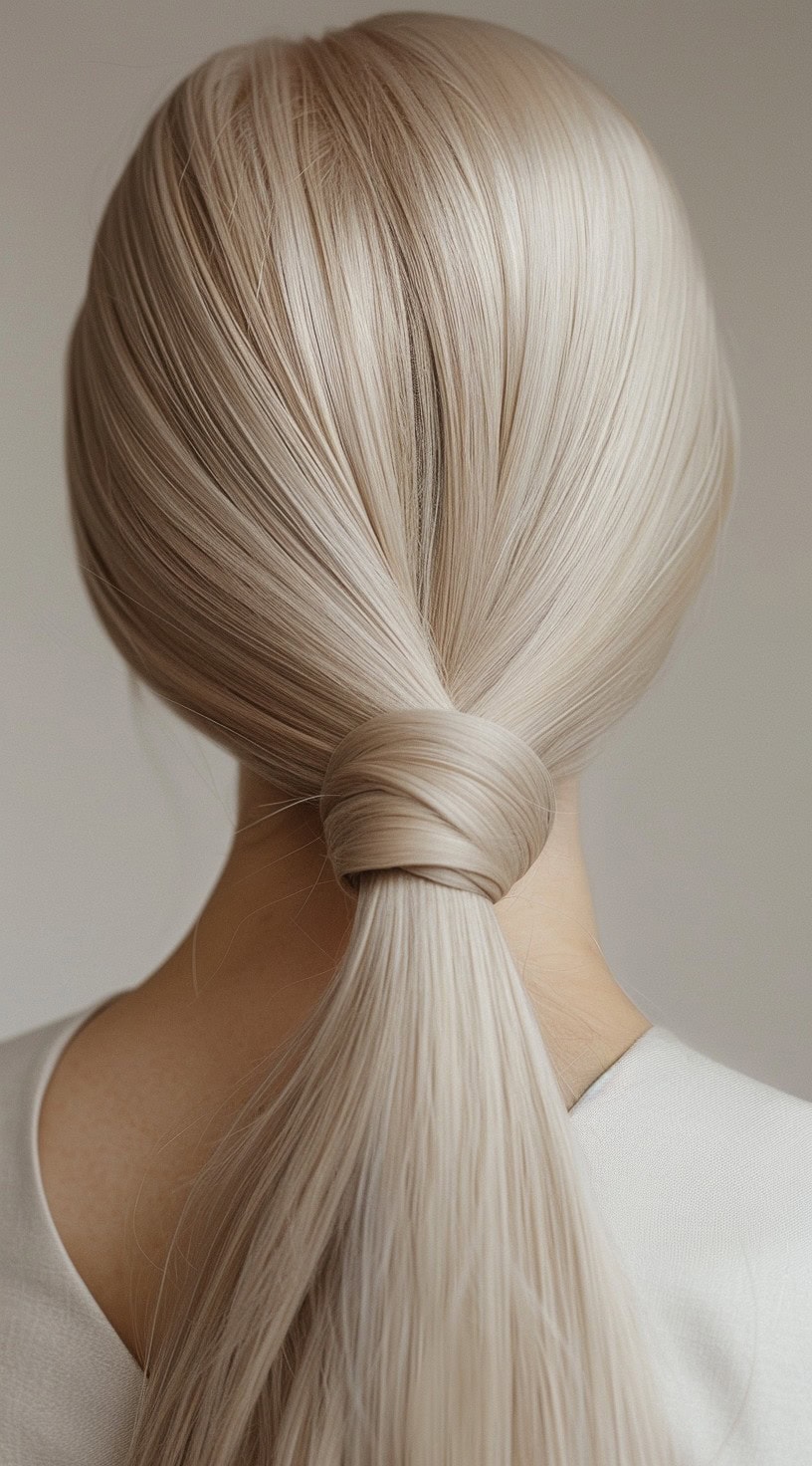 A woman with a sleek low ponytail wrapped with hair, wearing a white top.