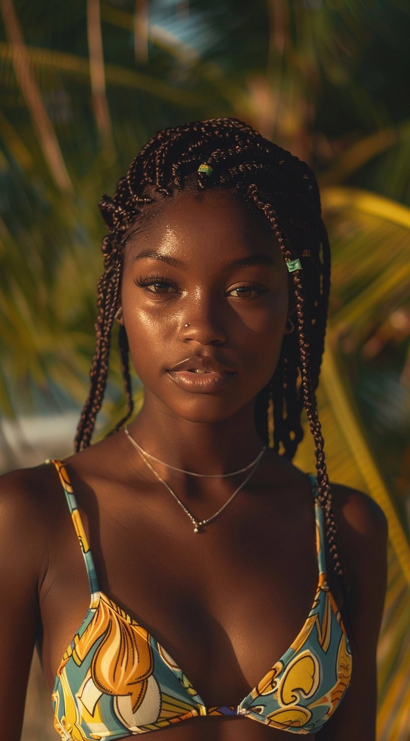 In the photo, a woman with small box braids stands in front of lush greenery.