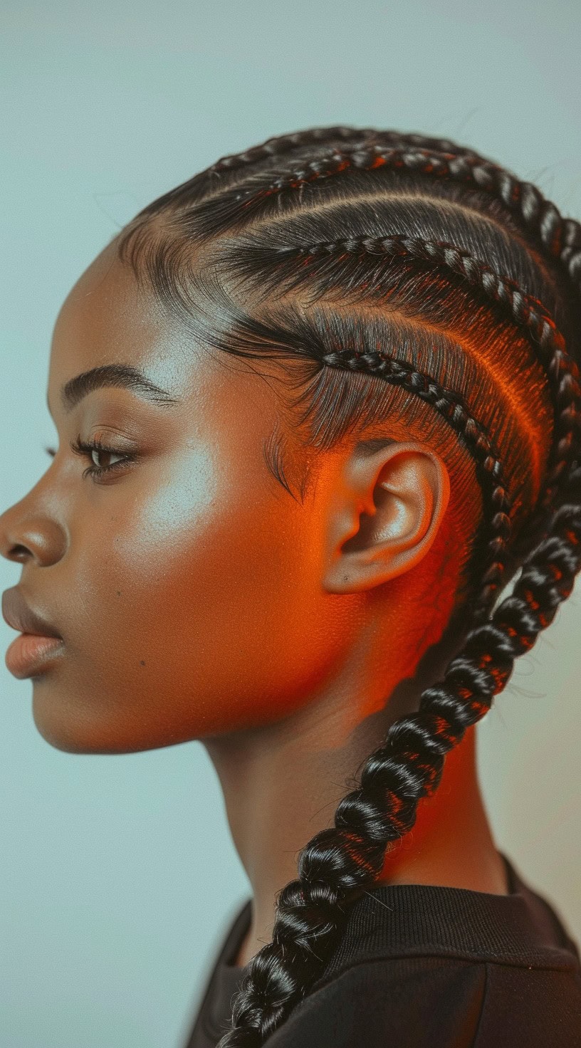 Side profile of a woman with small delicate cornrows.