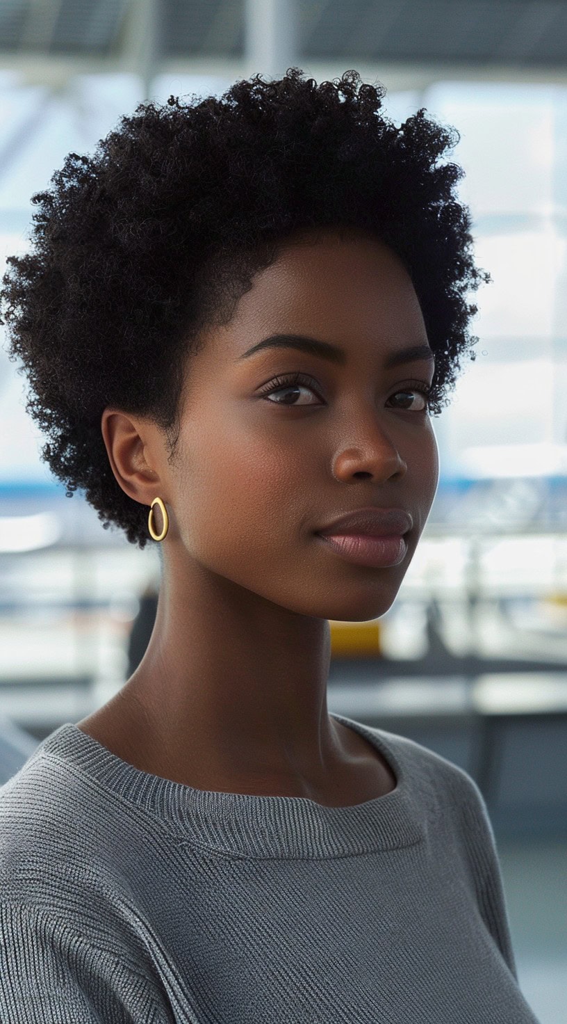 A woman with a soft afro hairstyle and a serene expression.