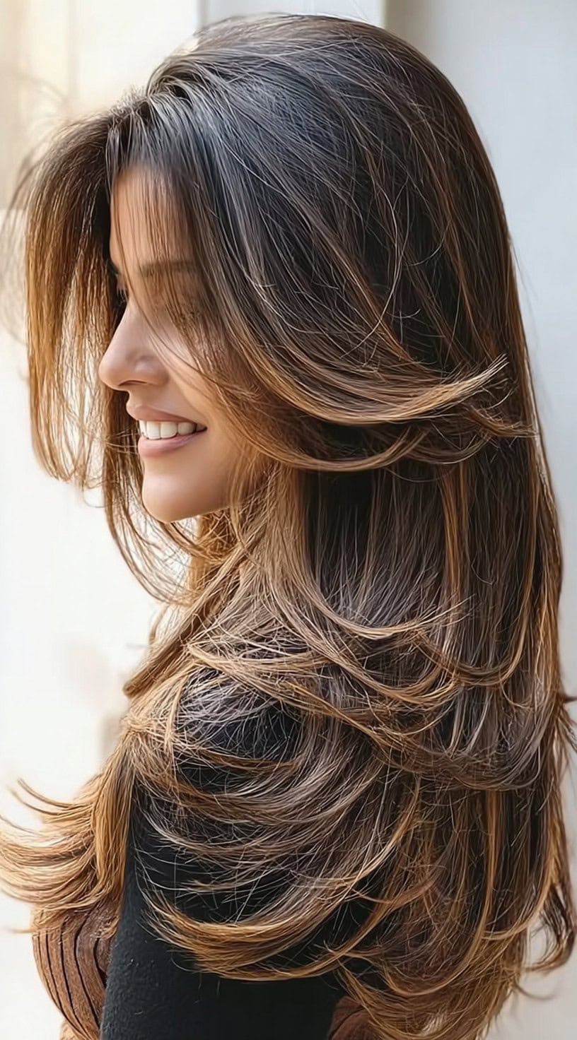 Side view of long, airy layers styled into a soft blowout with lifted volume at the crown.