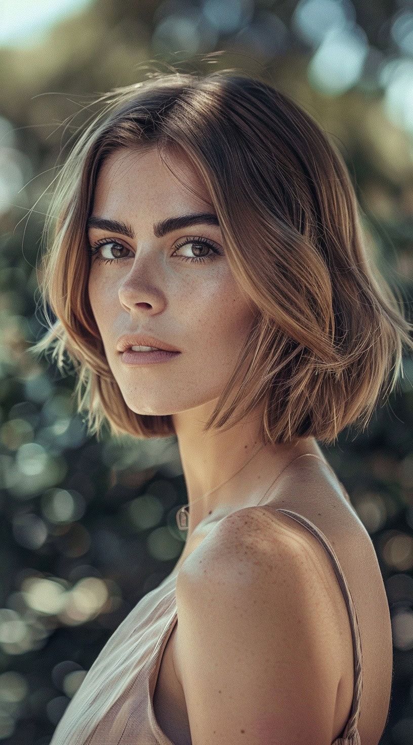 In this photo, a woman with a soft blunt bob and natural makeup looks into the distance.