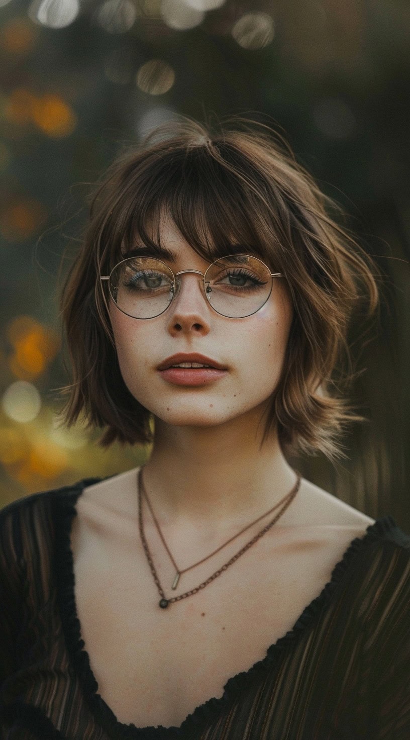 Young woman with a soft bob and wispy bangs, wearing glasses, standing outdoors.