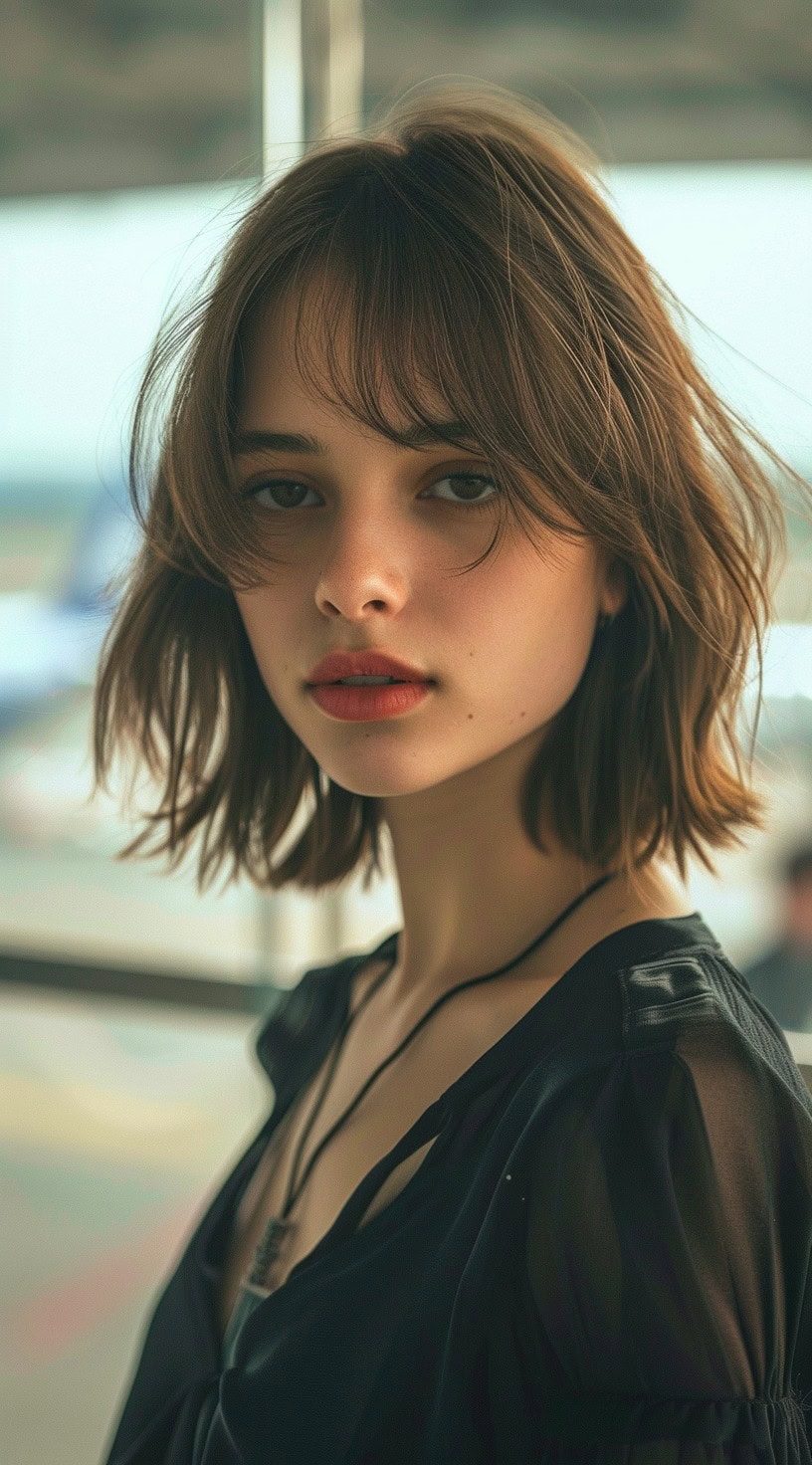 A woman with a soft bob and wispy bangs standing in an airport.