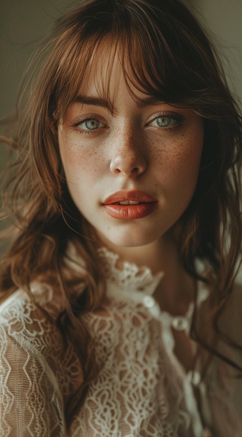 Close-up of a woman with soft bottleneck bangs and loose waves, offering a romantic and elegant look.