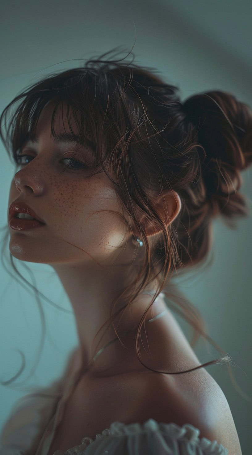 Close-up of a woman with soft bottleneck bangs and a messy high bun, creating a chic and relaxed look.