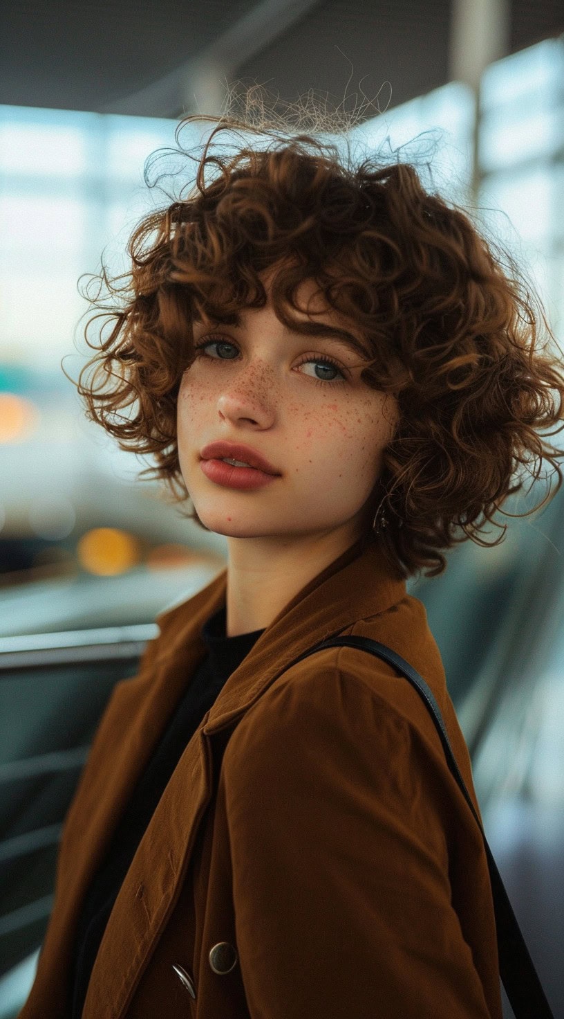 A woman with a soft curly bob and defined curls in an airport.