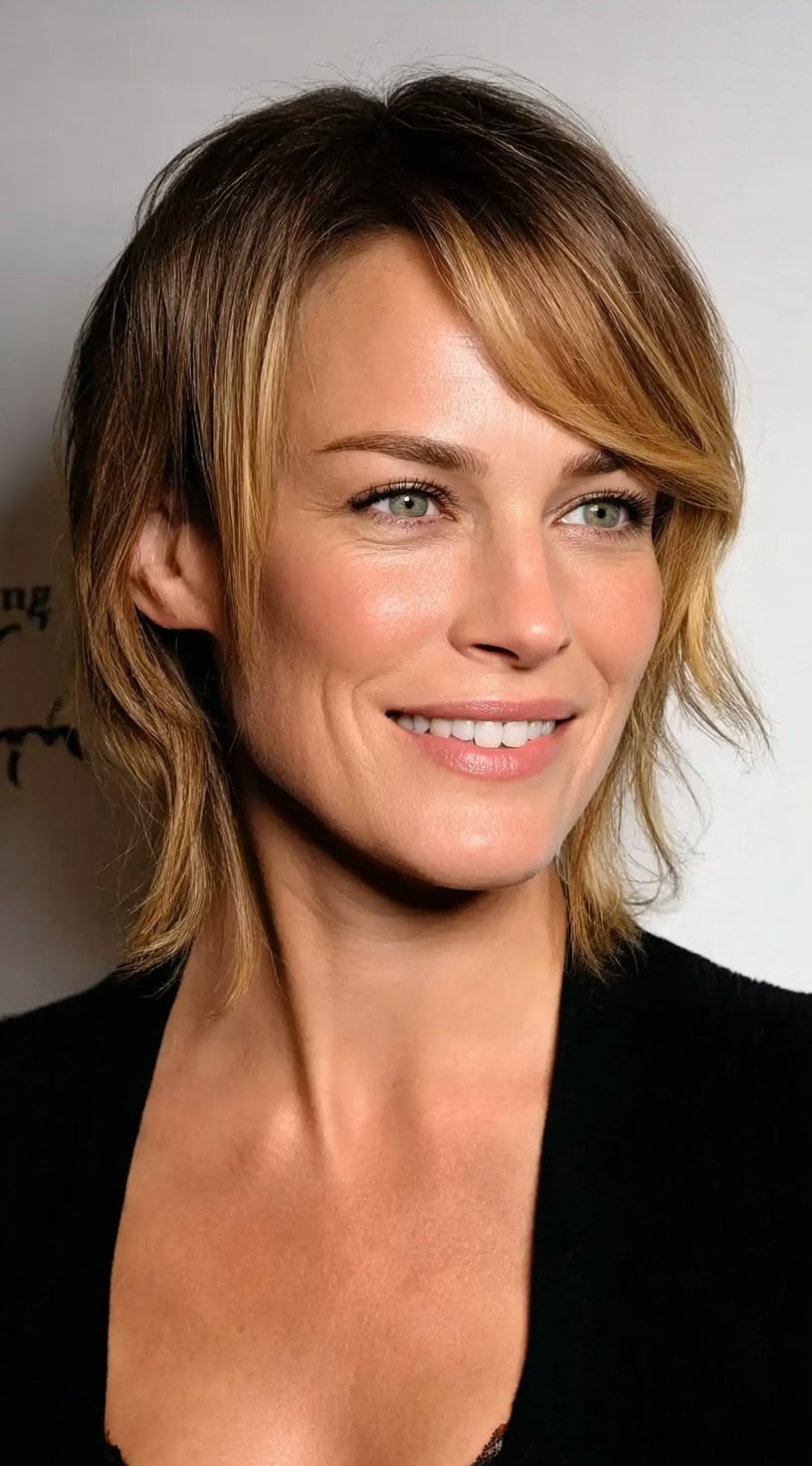 A woman with a softly layered bob and side-swept fringe, styled to enhance natural waves and create airy volume around the face.