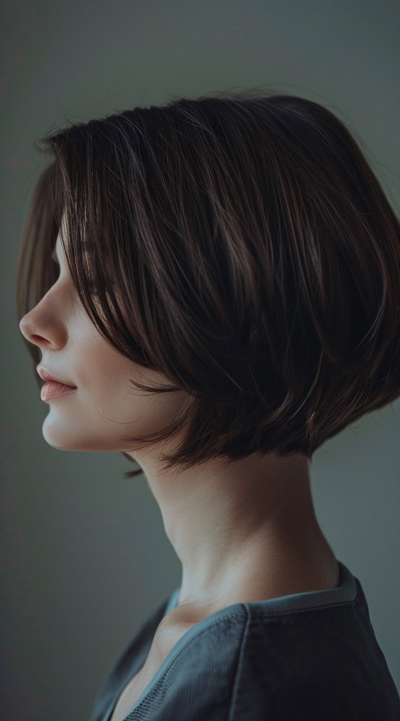 This image shows a side profile of a woman with a soft layered stacked bob hairstyle, with dark brown hair and a simple top.