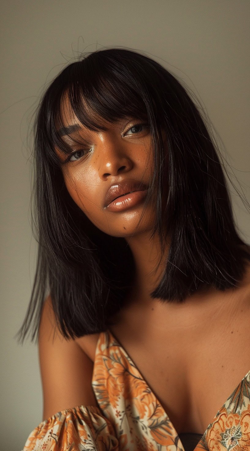 This image depicts a woman with a soft long bob and curtain bangs.