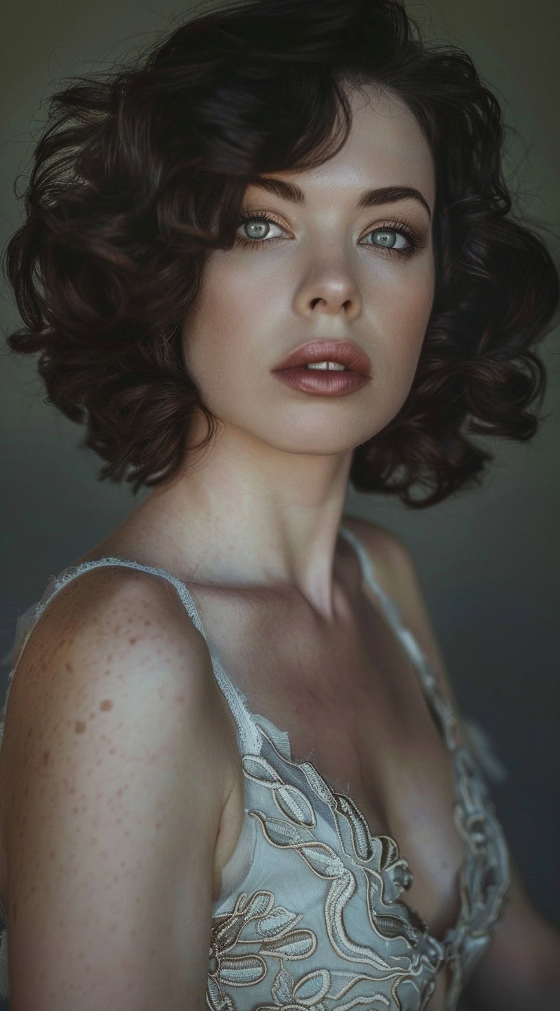 In this photo, a woman with soft retro curls and a lace camisole gazes into the distance.