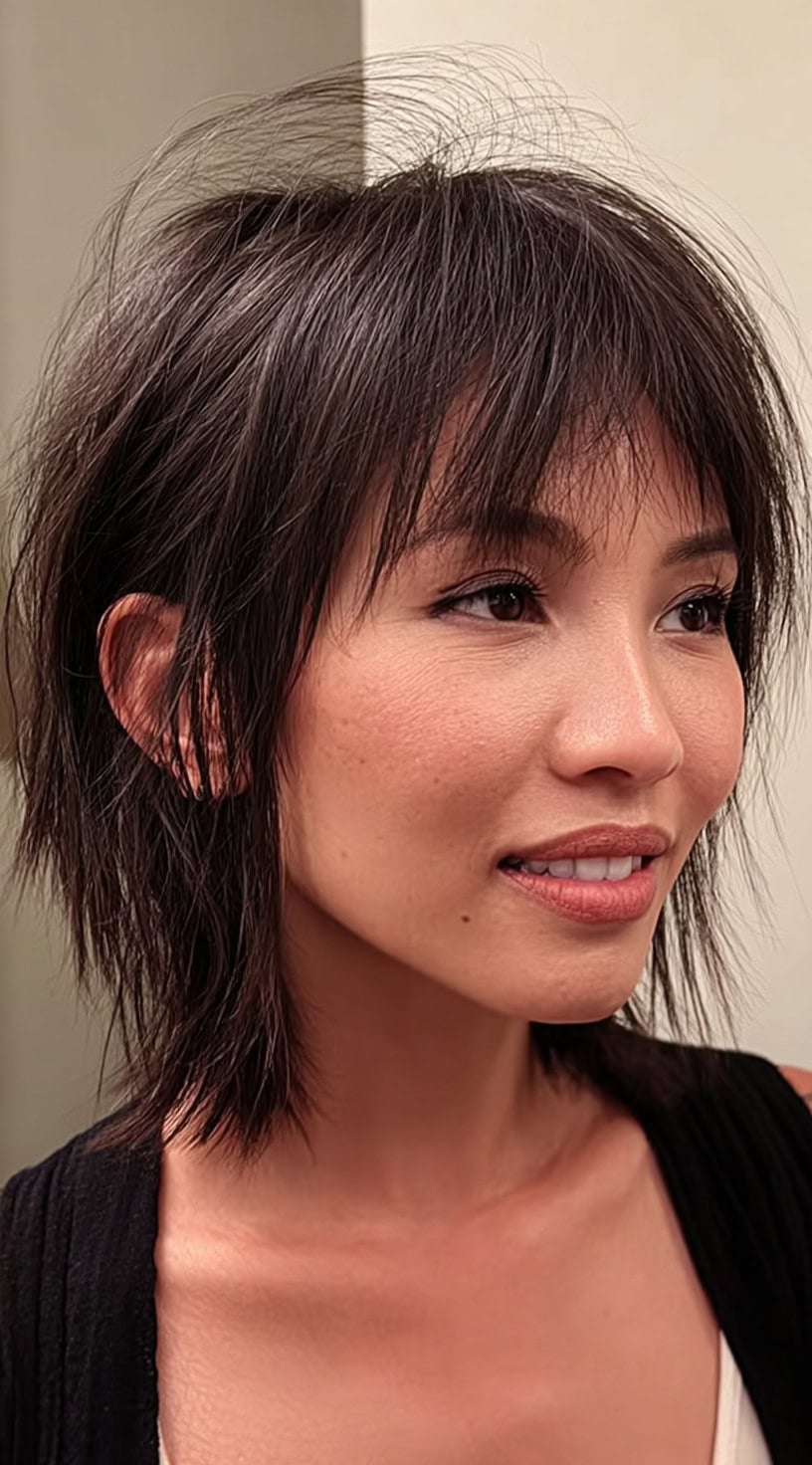 A short shaggy bob with wispy textured bangs and softly layered ends framing the face.