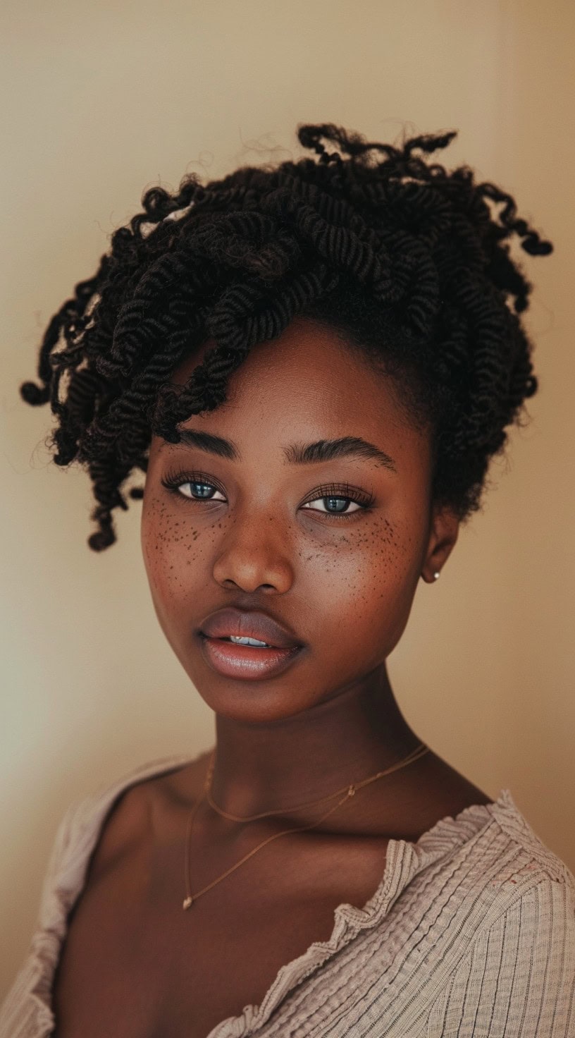 Young woman with soft spiral crochet twists, adorned with a delicate necklace and neutral top, looking serene.